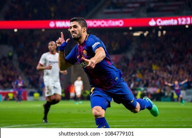 MADRID - APR 21: Luis Suarez plays at the Copa del Rey final match between Sevilla FC and FC Barcelona at Wanda Metropolitano Stadium on April 21, 2018 in Madrid, Spain.