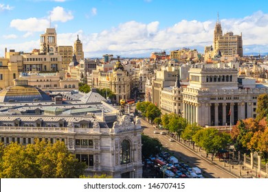 Madrid Cityscape And Aerial View Of Of Gran Via Shopping Street, Spain