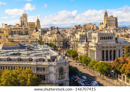 Madrid cityscape and aerial view of of Gran Via shopping street, Spain