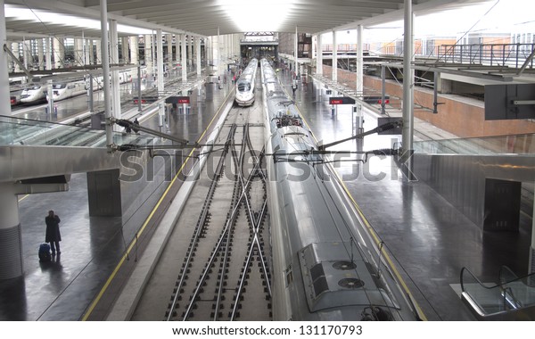 MADRID  FEB 21: High speed train in Atocha\
Station on February 21, 2013 in Madrid, Spain. Spain\'s main cities\
are connected by high-speed\
trains.