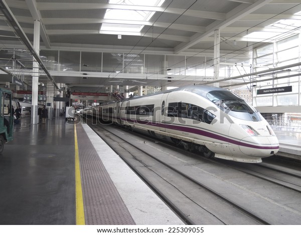 MADRID Ã?Â¢?? FEB 21: High speed train\
in Atocha Station on February 21, 2013 in Madrid, Spain. Spain\'s\
main cities are connected by high-speed\
trains.