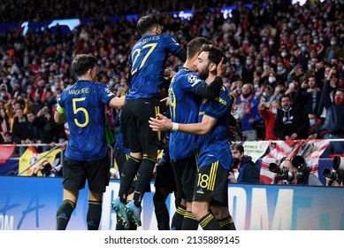 MADRID - FEB 23: United Players Celebrate After Scoring A Goal At The Champions League Match Between Club Atletico De Madrid And Manchester United At The Metropolitano Stadium On February 23, 2022.