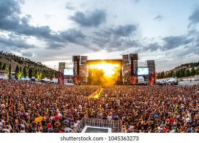MADRID - JUN 24: The Crowd in a concert at Download (heavy metal music festival) on June 24, 2017 in Madrid, Spain.