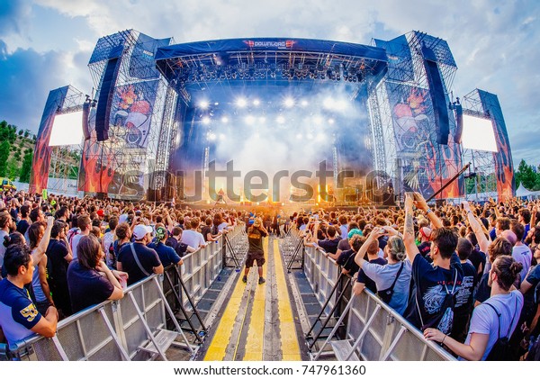 MADRID - JUN\
24: The crowd in a concert at Download (heavy metal music festival)\
on June 24, 2017 in Madrid,\
Spain.