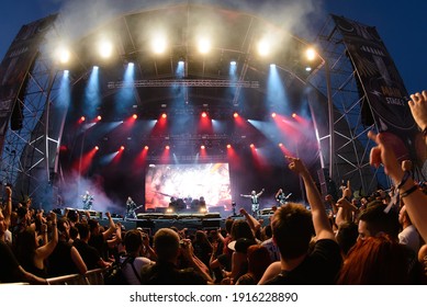 MADRID - JUN 30: The crowd in a concert at Download (heavy metal music festival) on June 30, 2019 in Madrid, Spain.