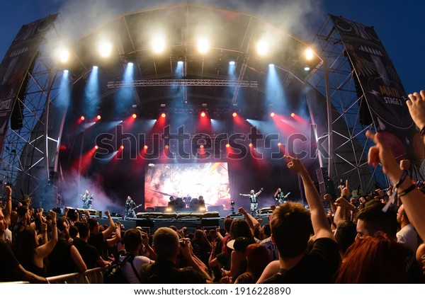 MADRID - JUN\
30: The crowd in a concert at Download (heavy metal music festival)\
on June 30, 2019 in Madrid,\
Spain.