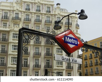 Madrid metro station retro banner with buildings at background