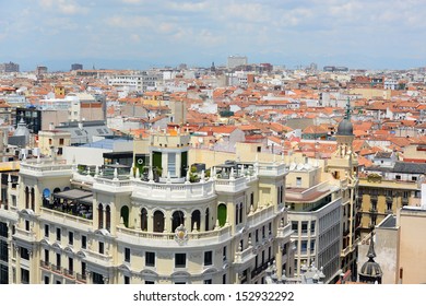 Madrid Modern City Skyline. Photo Taken From Top Of Circulo De Bellas Artes, Madrid, Spain.