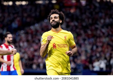 MADRID - OCT 19: Mo Salah celebrates after scoring a goal at the UCL match between Club Atletico de Madrid and Liverpool FC at the Metropolitano Stadium on October 19, 2021 in Madrid, Spain.