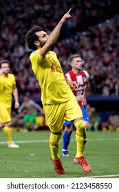 MADRID - OCT 19: Mohamed Salah Celebrates After Scoring A Goal At The Uefa Champions League Match Between Club Atletico De Madrid And Liverpool FC At The Metropolitano Stadium.