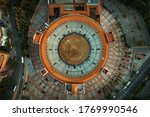 Madrid Plaza de Toros de Las Ventas (Las Ventas Bullring) aerial view with historical buildings in Spain.