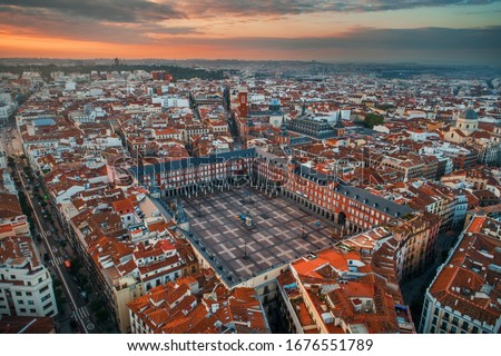 Madrid plaza Mayor aerial view with historical buildings in Spain.