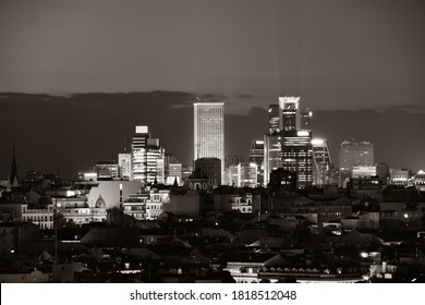 Madrid Rooftop View Of The City Skyline With Business District Skyscrapers At Night In Spain.