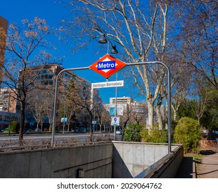 Madrid, Sain - February 2020: Santiago Bernabéu Subway Station Sign, Near The Famous Santiago Bernabéu Stadium