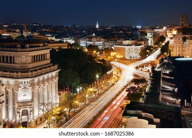 Madrid Skyline Rooftop View At Night With Buildings In Spain