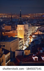 Madrid Skyline Rooftop View At Night With Buildings In Spain