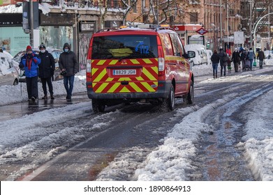 Madrid (Spain); 01 10 2021: The Effect Of Heavy Storm Filomena: Snow, Chaos And Streets Cut Off In The Middle Of Covid-19 Pandemic. Fire Truck Over The Snow Road