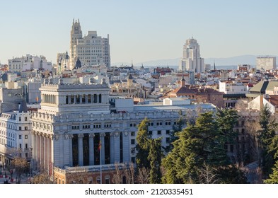 Madrid, Spain - 01 15 2022: View Of The Roofs Of The City Of Madrid From The Terrace Of The Círculo De Bellas Artes. Spain