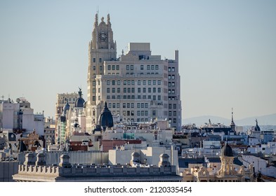 Madrid, Spain - 01 15 2022: View Of The Roofs Of The City Of Madrid From The Terrace Of The Círculo De Bellas Artes. Spain