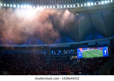 Madrid, Spain - 01 MAY 2019: Fog In The Stadium Overlooking The Stands And Scoreboard During The UEFA Champions League Match Between FC Liverpool  Vs Tottenham At Wanda Metropolitano, Spain