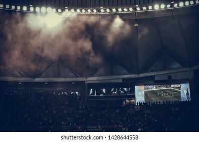 Madrid, Spain - 01 MAY 2019: Fog In The Stadium Overlooking The Stands And Scoreboard During The UEFA Champions League Match Between FC Liverpool  Vs Tottenham At Wanda Metropolitano, Spain