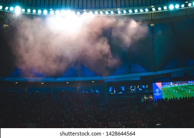 Madrid, Spain - 01 MAY 2019: Fog In The Stadium Overlooking The Stands And Scoreboard During The UEFA Champions League Match Between FC Liverpool  Vs Tottenham At Wanda Metropolitano, Spain