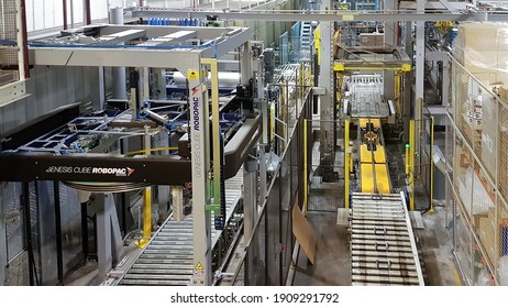 Madrid, Spain 06-14-2019: Aluminum Pipes And Conduits Of A Food Factory