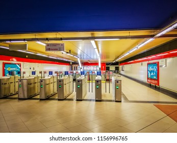 Madrid, Spain; 08 12 2017: Inside the shining and modern red and blue underground Fuente De La Mora light metro ML-1 and commuter rails station located in Sanchinarro, Madrid, Spain, Europe.