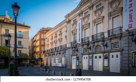 Madrid / Spain - 08 16 2017: Spanish Theater Or Teatro Español At The Plaza De Santa Ana Or Saint Anne Square Downtown Madrid, Spain In Literary Quarter.