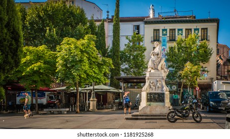 Madrid / Spain - 08 16 2017: A Young Man Taking Photos Of Pedro Calderon De La Barca Spanish Dramatist, Poet And Writer Of The Golden Age Statue, Monument At Plaza De Santa Ana Or Saint Anne Square.