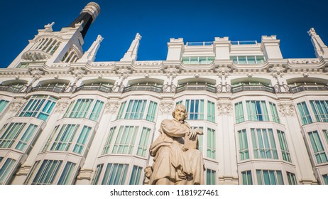 Madrid / Spain - 08 16 2017: Pedro Calderon De La Barca Famous Spanish Dramatist, Poet And Writer Of The Golden Age Statue In Front Of The Reina Victoria Hotel Plaza De Santa Ana Or Saint Anne Square.