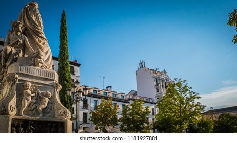 Madrid / Spain - 08 16 2017: Pedro Calderon De La Barca Famous Spanish Dramatist, Poet And Writer Of The Golden Age Statue, Monument At Plaza De Santa Ana Or Saint Anne Square.