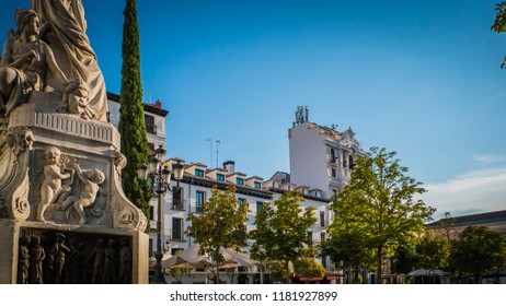 Madrid / Spain - 08 16 2017: Pedro Calderon De La Barca Famous Spanish Dramatist, Poet And Writer Of The Golden Age Statue, Monument At Plaza De Santa Ana Or Saint Anne Square.