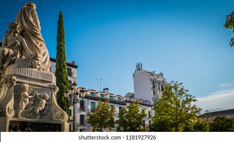 Madrid / Spain - 08 16 2017: Pedro Calderon De La Barca Famous Spanish Dramatist, Poet And Writer Of The Golden Age Statue, Monument At Plaza De Santa Ana Or Saint Anne Square.