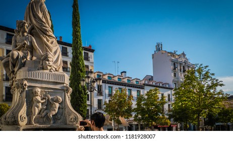 Madrid / Spain - 08 16 2017: Pedro Calderon De La Barca Famous Spanish Dramatist, Poet And Writer Of The Golden Age Statue, Monument At Plaza De Santa Ana Or Saint Anne Square.