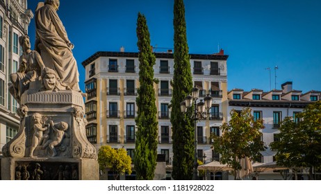 Madrid / Spain - 08 16 2017: Pedro Calderon De La Barca Famous Spanish Dramatist, Poet And Writer Of The Golden Age Statue, Monument At Plaza De Santa Ana Or Saint Anne Square.