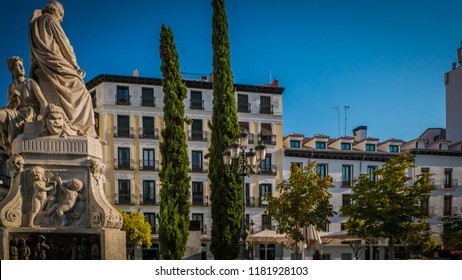 Madrid / Spain - 08 16 2017: Pedro Calderon De La Barca Famous Spanish Dramatist, Poet And Writer Of The Golden Age Statue, Monument At Plaza De Santa Ana Or Saint Anne Square.