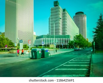 Madrid, Spain - 08 19 2017: A Photo Of The Famous Torre Picasso, Or Picasso Tower. The Tower Is One Of The Tallest Buildings In Madrid And It Its Located Next To The Pablo Picasso Square, In AZCA. 