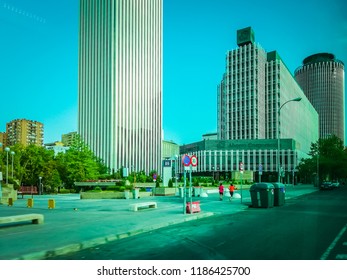 Madrid, Spain - 08 19 2017: A Photo Of The Famous Torre Picasso, Or Picasso Tower. The Tower Is One Of The Tallest Buildings In Madrid And It Its Located Next To The Pablo Picasso Square, In AZCA. 