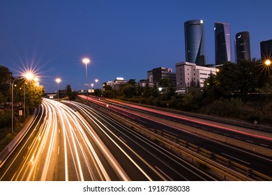 Madrid, Spain, 08 22 2020: Night Long Exposure At Cuatro Torres Financial City