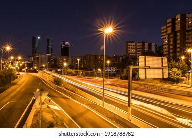 Madrid, Spain; 08 22 2020: Night Long Exposure At Cuatro Torres Financial City