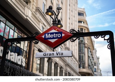 Madrid, Spain; 08-28-2021:  Gran Vía Metro Sign.