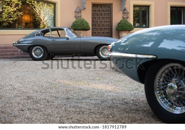 Madrid,\
Spain. 08/8/2020. \
The Jaguar E-Type (known in the United States\
as the Jaguar XK-E) is a sports car of the English manufacturer\
Jaguar Cars, manufactured between 1961 and\
1975.