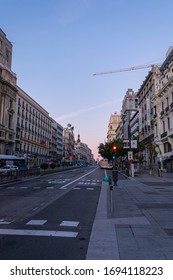 Madrid, Spain. 10 25 2019: Alcalá Street At Dawn, One Of The Most Famous Streets In The City Of Madrid