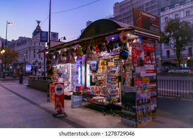 Madrid, Spain; 12 05 18. Press-Kiosk In Alcalá Street, Madrid. Selling Magazines, Newspapers And Merchandising About Spain And Madrid.