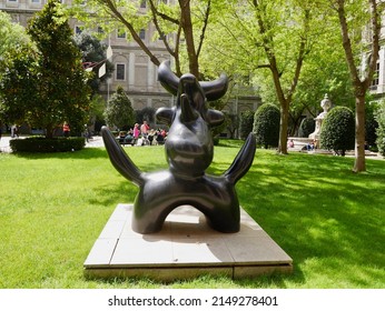 Madrid, Spain, 12.04.2022. Joan Miro sculpture in courtyard of National Museum Reina Sofia Art Center. High quality photo