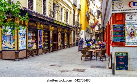 Madrid, Spain - 17 May 2017: Old Colorful Street With Decorative Wall Tiles And Terrace Restaurant In Central Madrid