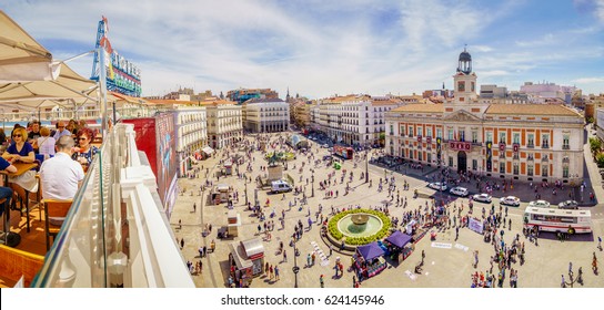 Madrid, Spain - 18 April 2017: The Puerta Del Sol Square Is The Main Public Space In Madrid. In The Middle Of The Square Is Located The Office Of The President Of The Community Of Madrid.