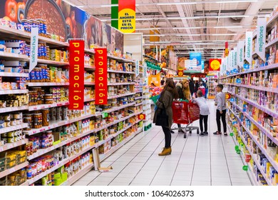 MADRID, SPAIN - 26 MARCH, 2018: Large Food Supermarket Auchan With Customers And Products And Staff. 