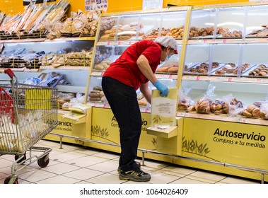 MADRID, SPAIN - 26 MARCH, 2018: Large Food Supermarket Auchan With Customers And Products And Staff. 